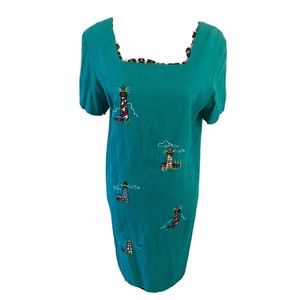 Country Concepts Dress M Teal Green Linen Cotton Midi Shift Lighthouse Solid